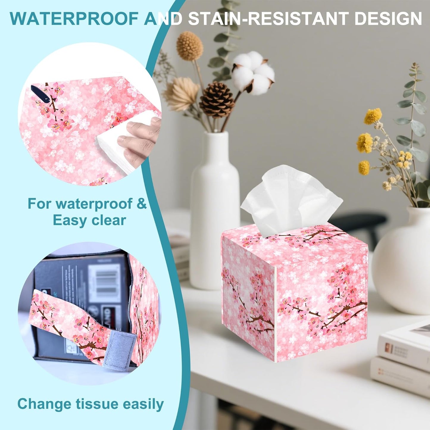 Pink Cherry Tissue Box Holder,Spring Blossom Square Leather Tissue Box Cover with Bottom Belt,Waterproof Modern Napkin Holder Organizer for Car Bathroom Vanity Office Tabletop,5.2" x 5.2" x 5.2"