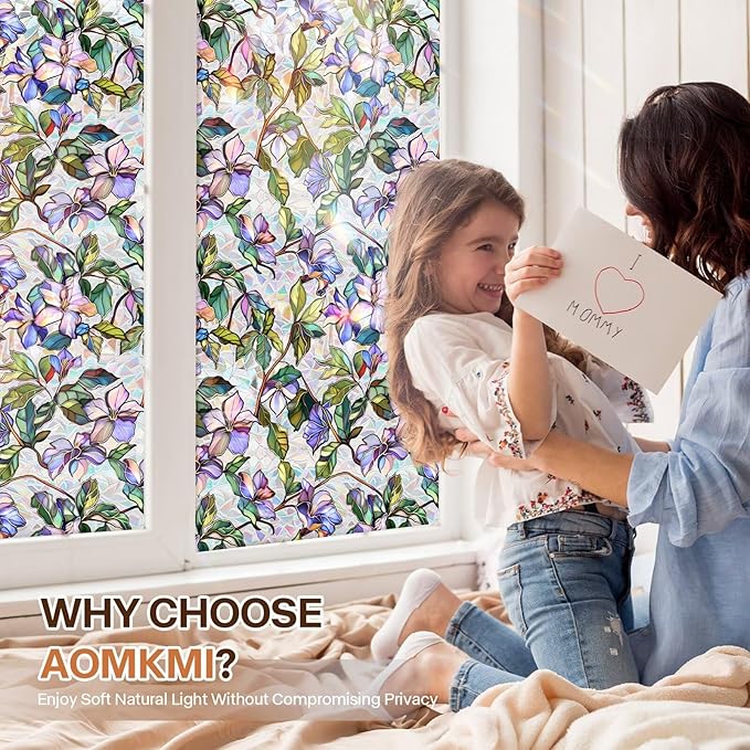 Purple Flower Window Privacy Films, Stained Glass Rainbow Floral Window Sticker Decor, Sun Blocking Removable Static Cling Film for Bathroom Living Room Bedroom Sunroof, 17 x 39.37 Inch