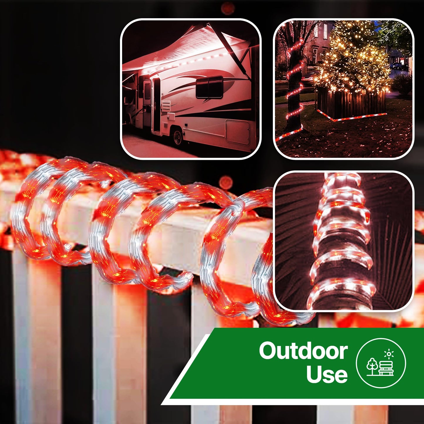 Tupkee LED Rope Light - Red & Cool White - 24 Feet (7.3 m) - 144 Long Life Bulbs - PVC Tube and Copper Wire