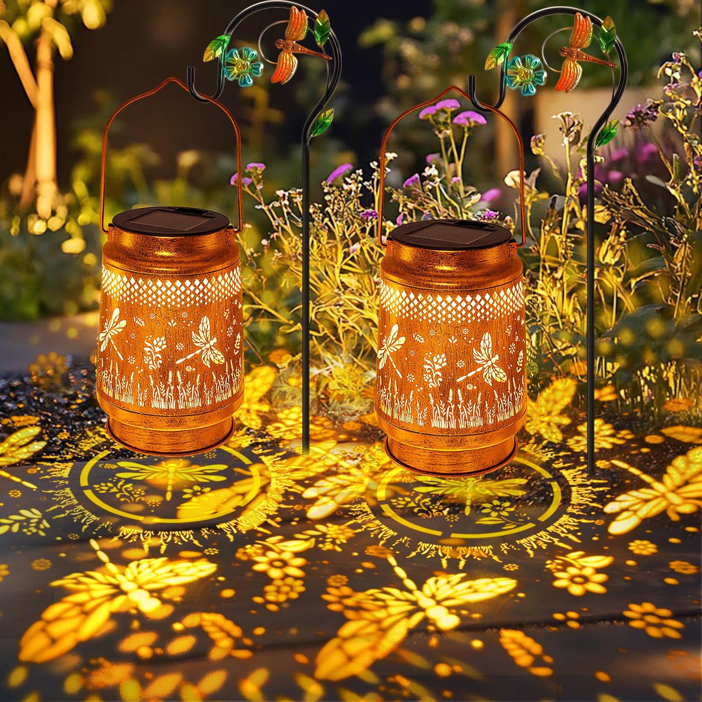 2 Pack Solar Lanterns Outdoor Waterproof Dragonfly Garden Decor  Birthday Gifts For Women Mom Grandma Christmas  Hanging Solar Lights Metal Led Decoration With Shepherd Hook Outside For Yard Patio