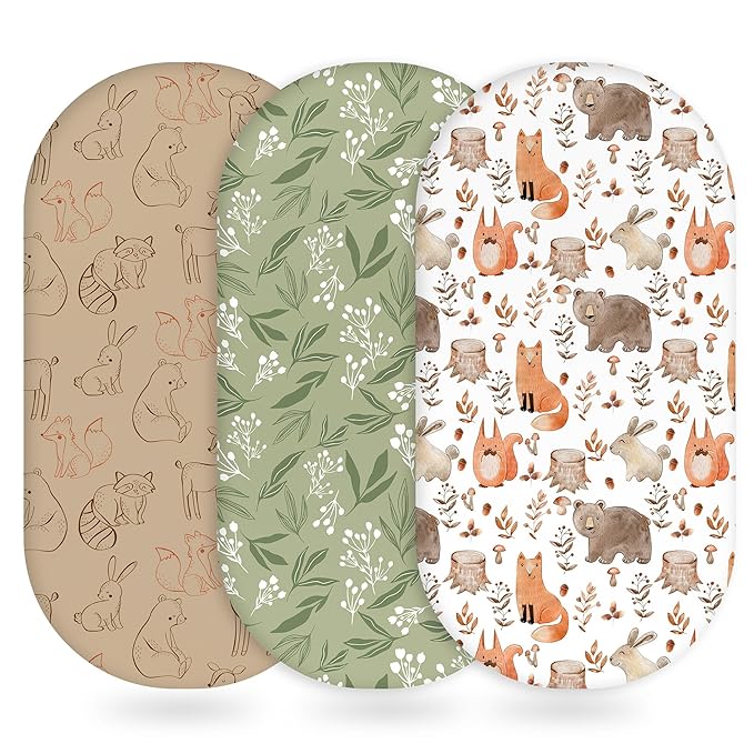 Baby Bassinet Sheets Girl Boy, Fitted Bassinet Sheet Set 3 Pack Bassinet Mattress Sheets Universal Fit for Rectangle, Round, Oval, Hourglass Mattress, Soft Breathable Green & Brown Fox