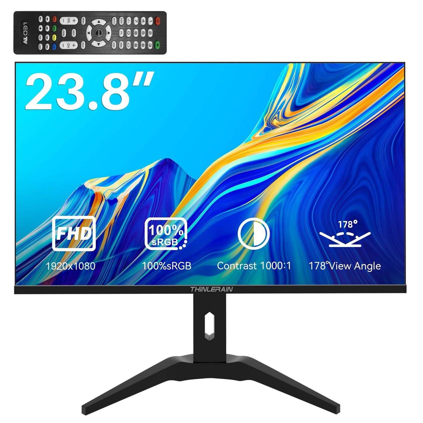 Thinlerain 23.8 inch Computer Monitor 1920x1080 Vertical PC Monitor with HDMI VGA AV BNC USB Ports, Multi-Function Stand, VESA, Display Frameless Build-in Speakers for Office Home
