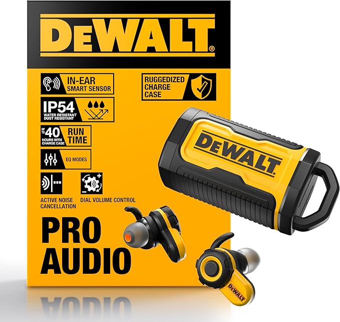DEWALT Heavy Duty Bluetooth Jobsite Pro X2 ANC True Wireless Earbuds, Active Noise Cancelling Work Earbuds, Turn Dial Cont...