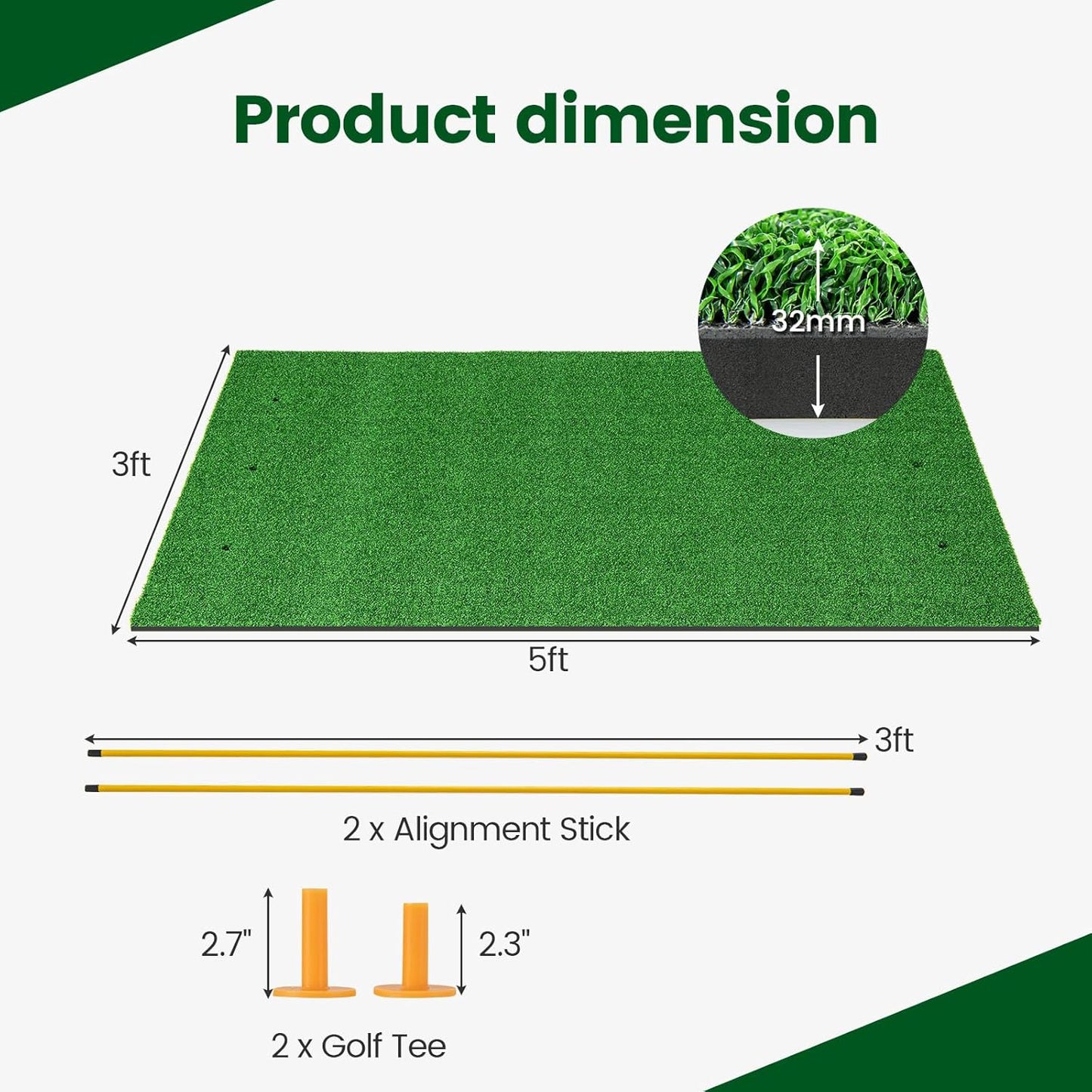 Tangkula Golf Hitting Mat, Artificial Turf Mat for Indoor/Outdoor Golf Practice Includes 2 Rubber Tees & 2 Alignment Sticks, Golf Training Mat for Home Backyard Garage