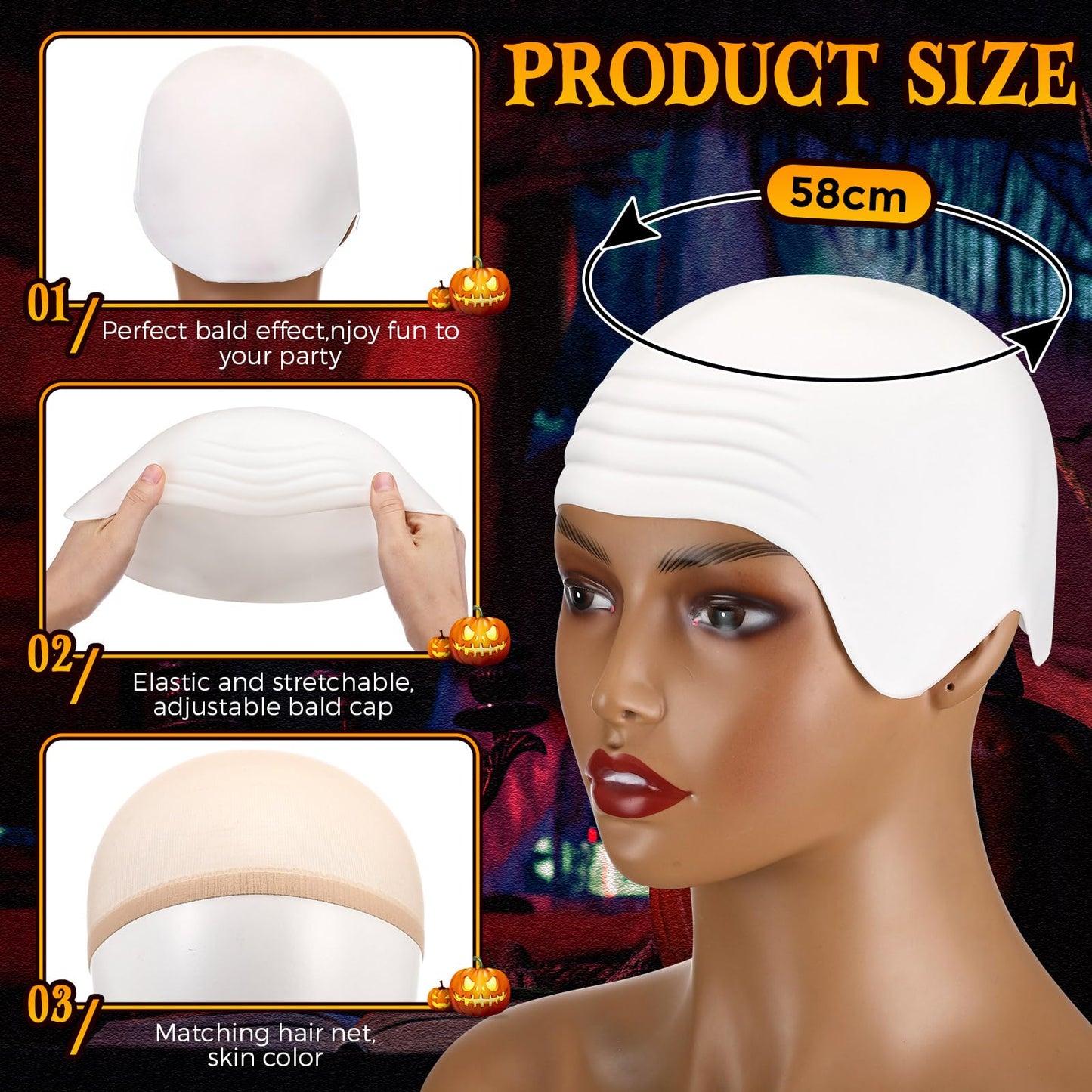 Syhood 2 Pieces Halloween Bald Cap Makeup Latex Bald Head Wig Caps Cosplay Costume for Adults(White,Large)