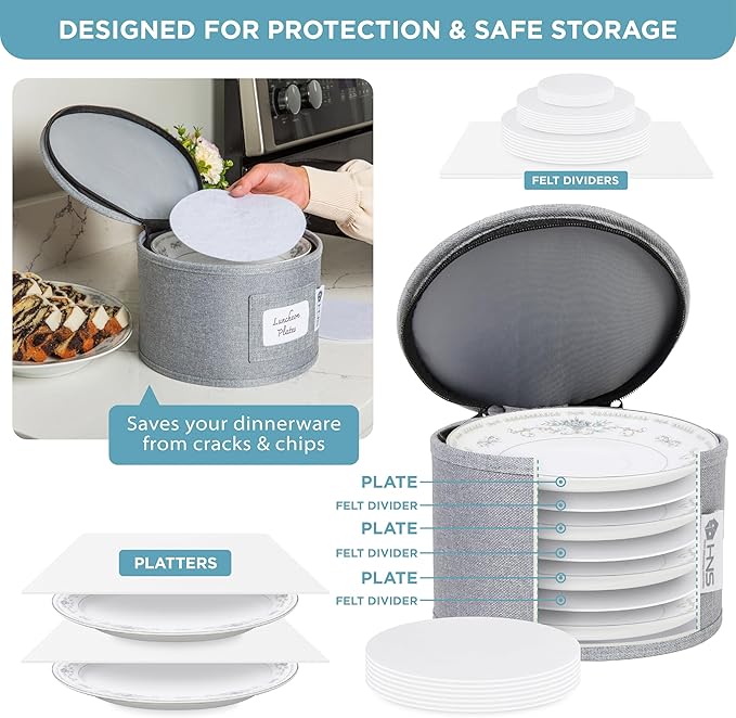 Hard Shell China Storage Containers 8-Piece Set Moving Boxes for Dinnerware, Glasses, Plates, Mugs and Saucers Sturdy Dish Organizer with Dividers for Seasonal Storage - Service for 12 - Grey