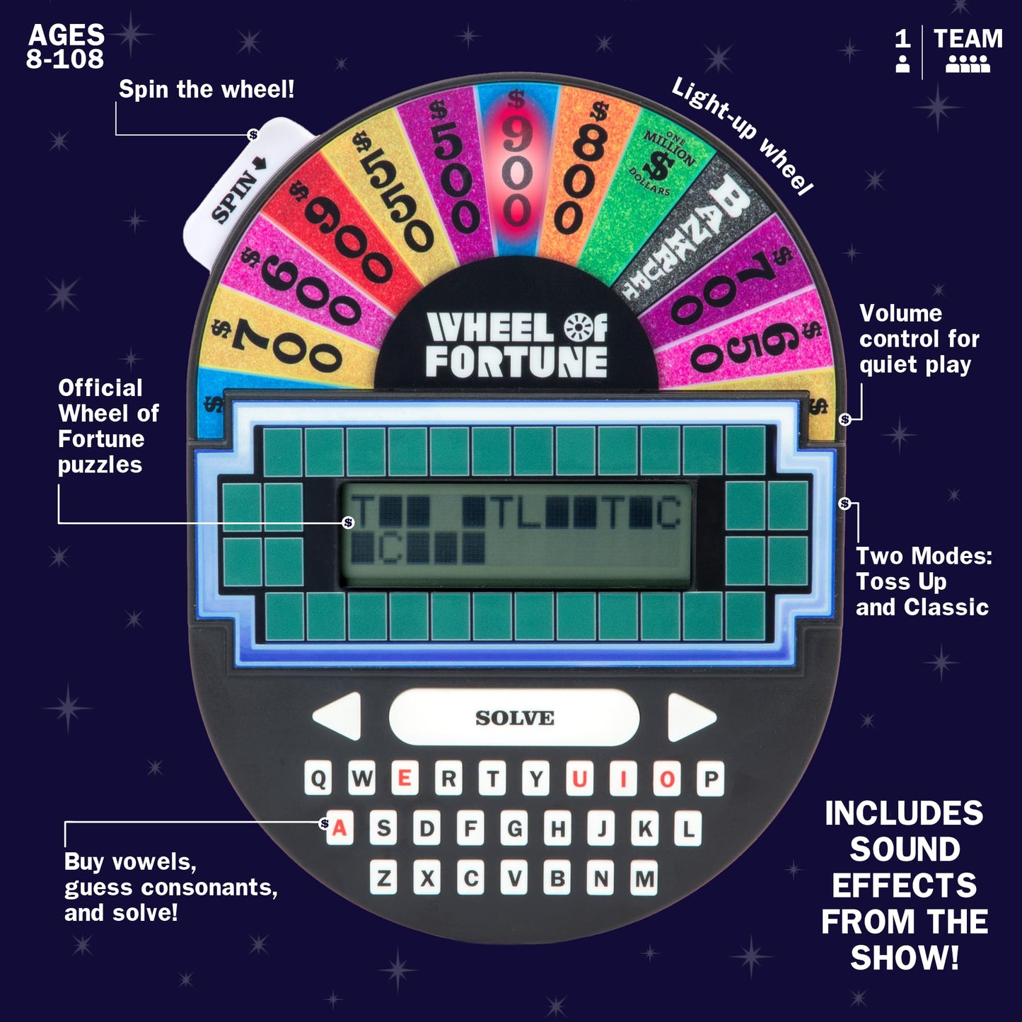 Educational Insights Wheel of Fortune Game - Handheld Electronic Game, Great for Travel, Classic Retro Party Games for Kids, Teens & Adults, Word Puzzle Challenge & Entertaining Gift, Ages 8+