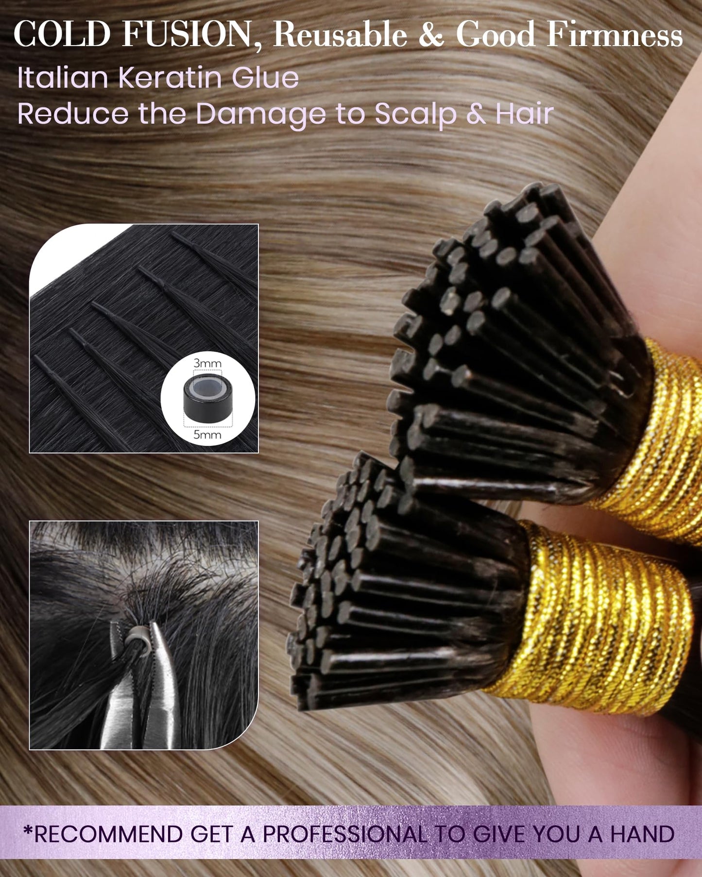LaaVoo I Tip Hair Extensions Human Hair Balayage Brown to Medium Brown with Blonde Itip Human Hair Extensions 80s Ombre Human Ha