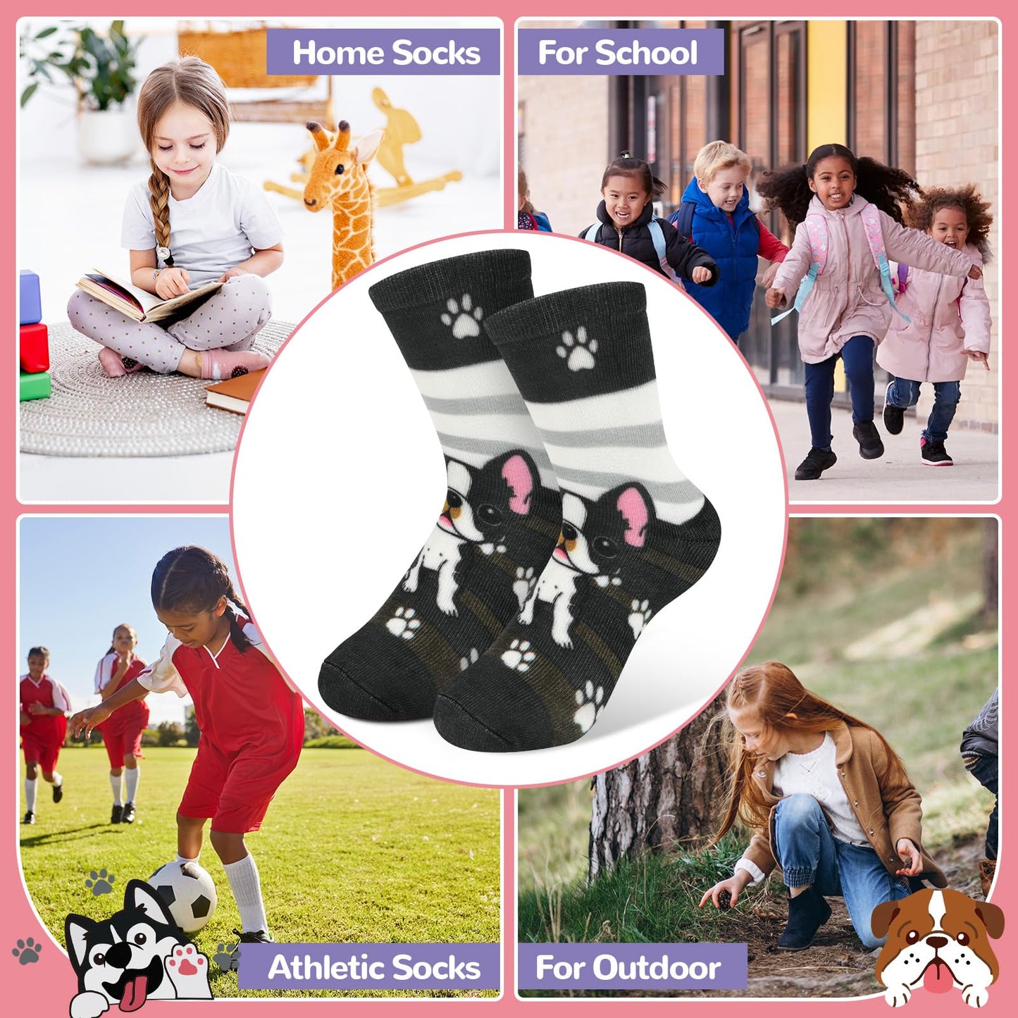 Queenshin Toddler Boys Girls Socks Dog Print Patterned Crew Funny Cotton Cute Cartoon Animal Novelty 1-3T Crazy Sock 6 Pairs Unique Birthday Christmas Gift
