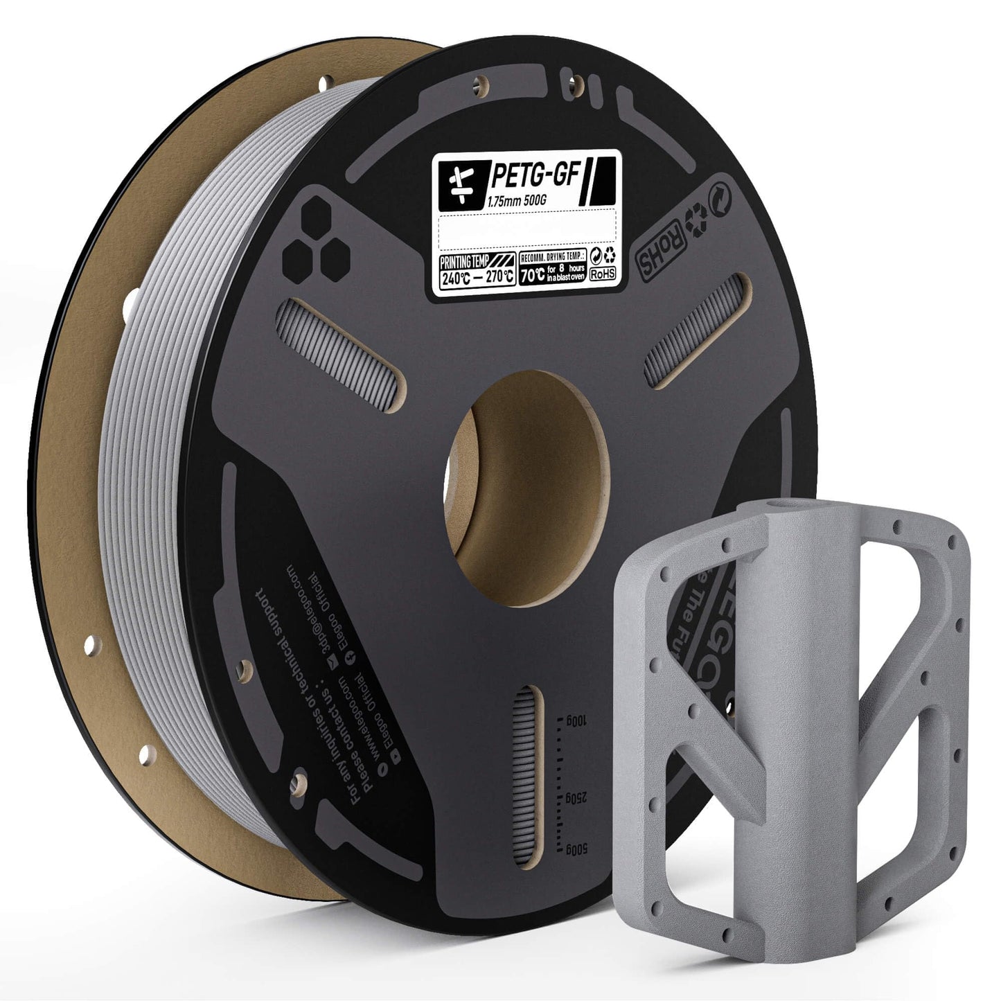 ELEGOO Glass Fiber PETG Filament 1.75mm Grey 0.5KG, PETG-GF 3D Printing Filament High Stiffness, Electrical Insulation and Weath