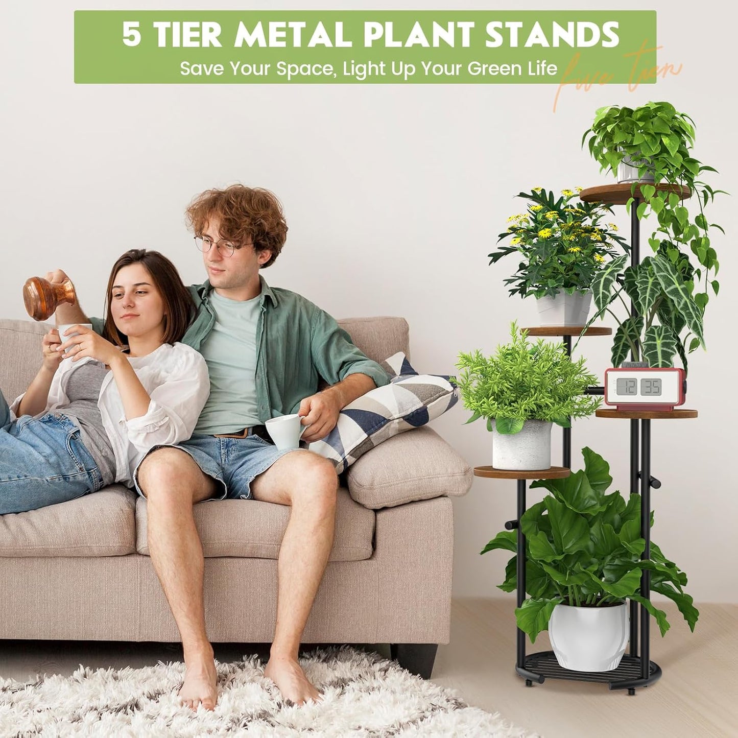 TOSKING 5 Tier Metal Plant Stand Indoor， Plant Shelf, Corner Shelf Flower Pot Stand for Outdoor Plant Stand for Living Room Balcony Garden Patio Bedroom (Black and Brown, 42in)