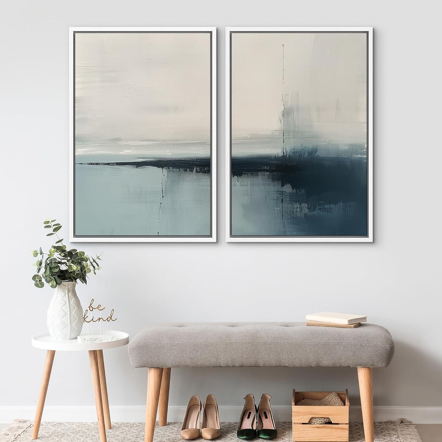 SIGNWIN Framed Canvas Print Wall Art Modern Blue Ocean-Inspired Coastal Abstract Serene Neutral Tones with Subtle Patterns Illustrations Decorative for Living Room, Bedroom, Office - 16"x24"x2 White