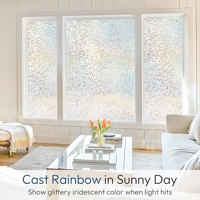 rabbitgoo Window Privacy Film Stained Glass Window Film, Mosaic Rainbow Decorative Glass Cling, Removable Static Cling Tint UV Blocking, Non-Adhesive Privacy Covering for Home, 23.6 x 157.4 inches