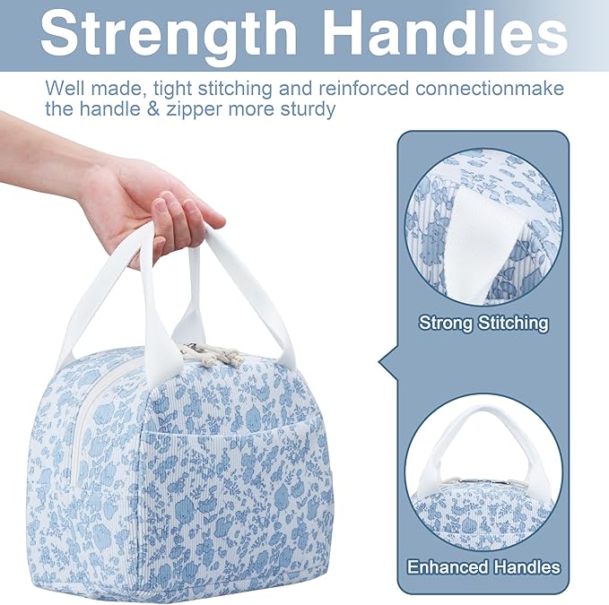 Lunch Bag - Insulated Lunch Box for Women, Reusable Large Capacity Cooler Bag for Adult, Small Leakproof Cute Corduroy Lunch Tote for Work Office Travel Picnic (Corduroy Blue-Flower)