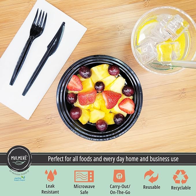 MULMEHË Plastic Food Storage Take-Out Container and Lid Combo, 32 oz, Microwaveable, Round, Black, 7x2”, Set of 150