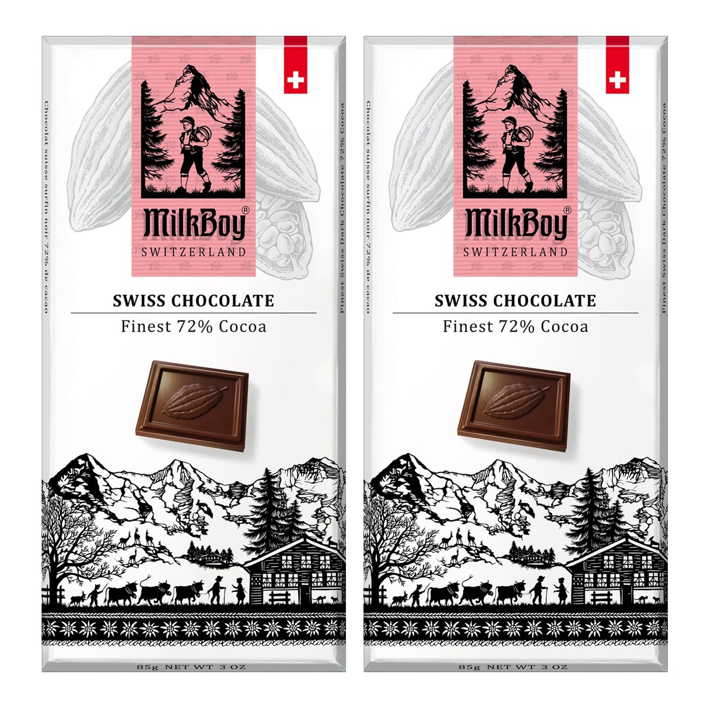 Milkboy Swiss Chocolates Dark Chocolates - 72% Cocoa  Made in Switzerland  Dairy Free  Vegan  Gluten-Free  Non-GMO  Kosher  Sustainably Farmed  European Chocolate - 3 oz  Pack 2
