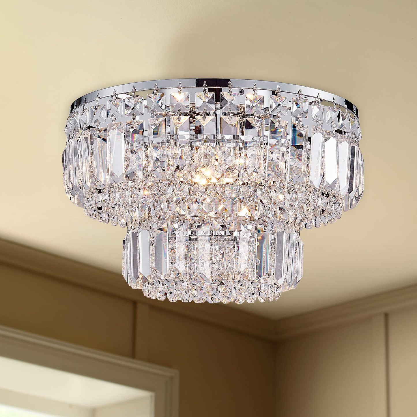 Bestier Modern Chrome Crystal Flush Mount Chandelier Light, Led, 13 X 9, 4 G9 Bulbs Required, Ideal For Dining Room, Bathroom, Living Room