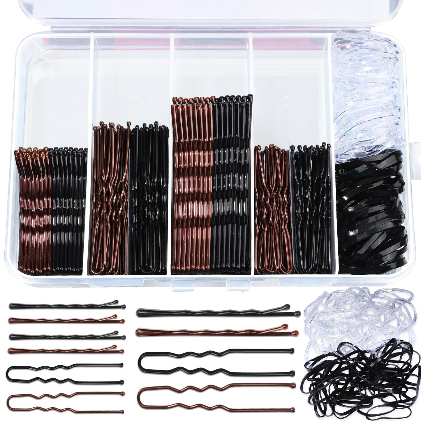 Teenitor 300pcs Bobby Pins Hair Pins, 100 Hair Pins 100 Bobby Pins Brown Hair Black for Women 100 Hair Bands 2inch 2.36inch 2.75