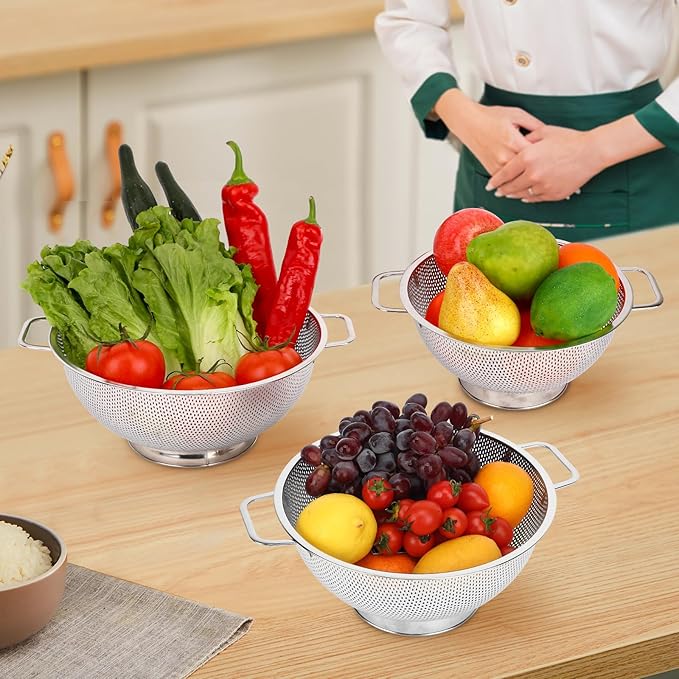 3PCS Colander for Kitchen, 3QT & 4QT & 5QT, Stainless Steel Colander Strainer with Handle for Fruits Vegetables Cooking Food, Dishwasher Safe