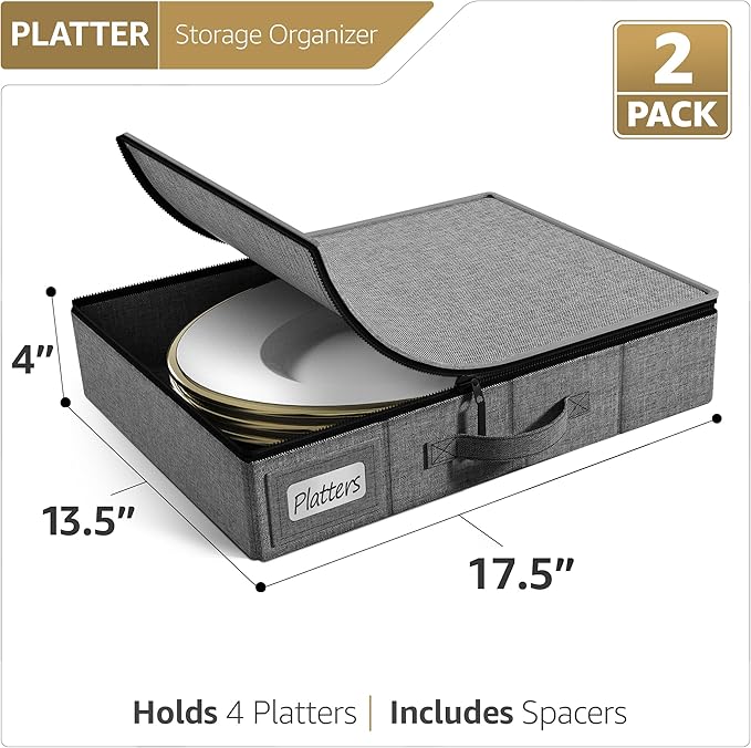 Sorbus China Storage Containers – Dinnerware Organizer for Platter Storage with Lid (Holds Service for 12) with Felt Protectors – 17" x 13" x 4" – 2 Pack