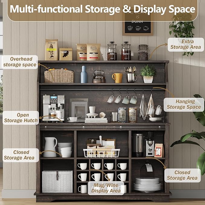 55 Inch Farmhouse Coffee Bar Cabinet with 3-Tier Enclosed Storage Cabinet, Kitchen Hutch with 12 Wine Racks & 3 Glass Holders, Coffee Bar with 6 Hooks, Wood Furniture for Dining Living Room, Oak
