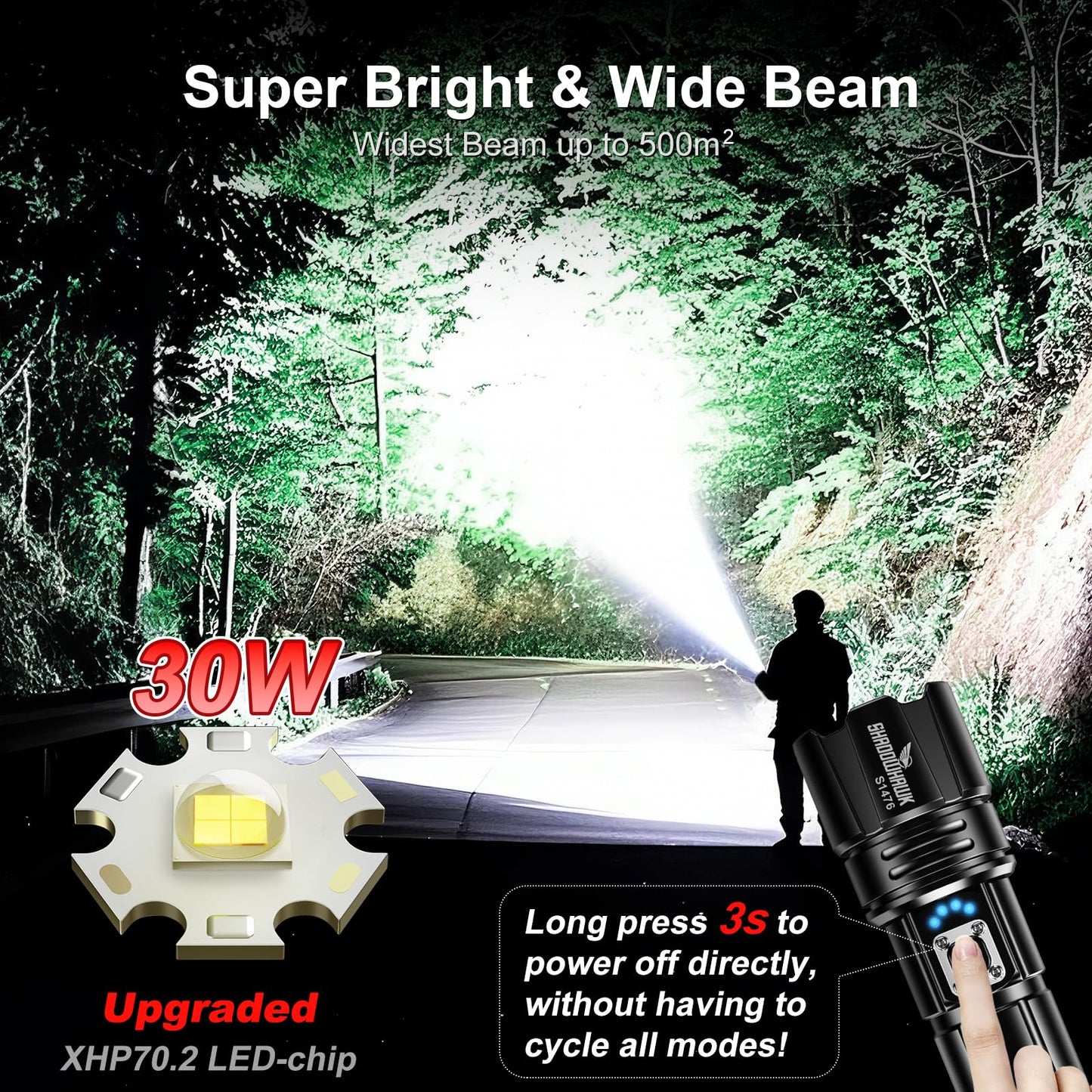 Shadowhawk Flashlight 2000 - 30W LED, 5000ft Beam, USB C Rechargeable, Aluminum, Black, Model CA-S1476