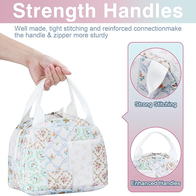 Lunch Bag - Insulated Lunch Box for Women, Reusable Large Capacity Cooler Bag for Adult, Small Leakproof Cute Corduroy Lunch Tote for Work Office Travel Picnic (Bee Floral)