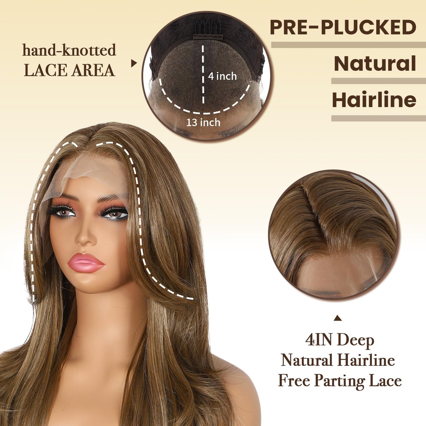 BABEHERS Brown Synthetic Lace Front Wig, 13x4 Straight Highlight Layered Wigs for Women Pre-plucked Natural Hairline Heat Resist