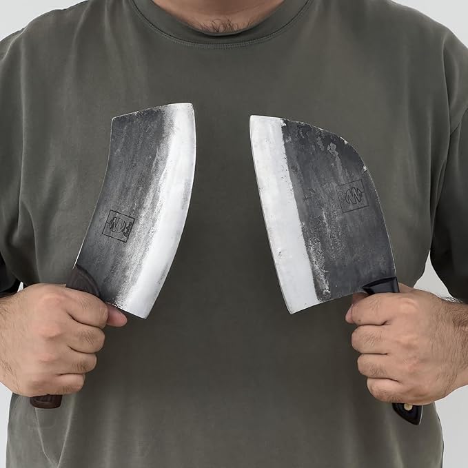 COOLINA Knife Set – Promaja Hand-Forged Butcher Knife & Chef Knife Bundle – Full Tang Carbon Steel Cleaver and Cooking Knife with Wooden Handles – Professional Kitchen & BBQ Knives