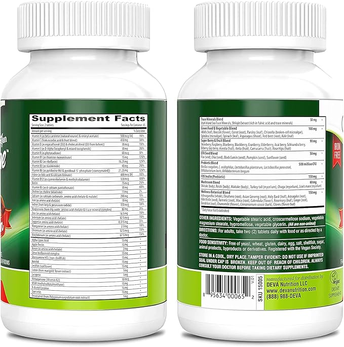DEVA Tuba Prime Vegan Multivitamin High-Potency Vitamin and Mineral Dietary Supplement Antioxidants, Fruit and Vegetable Blend, Super Mushrooms, Probiotics, Prebiotics, Seeds, Herbs - 90 Tabs, 2-Pack