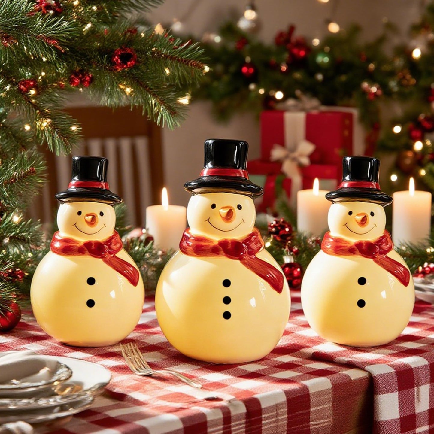 Nerosun Christmas Snowman Figurines  3 Pack Ceramic Cute Led Lighted Snowman Tabletop Christmas Decorations  Light Up Table Ornaments For Indoor Cabinet Mantel Fireplace Winter Xmas Decor