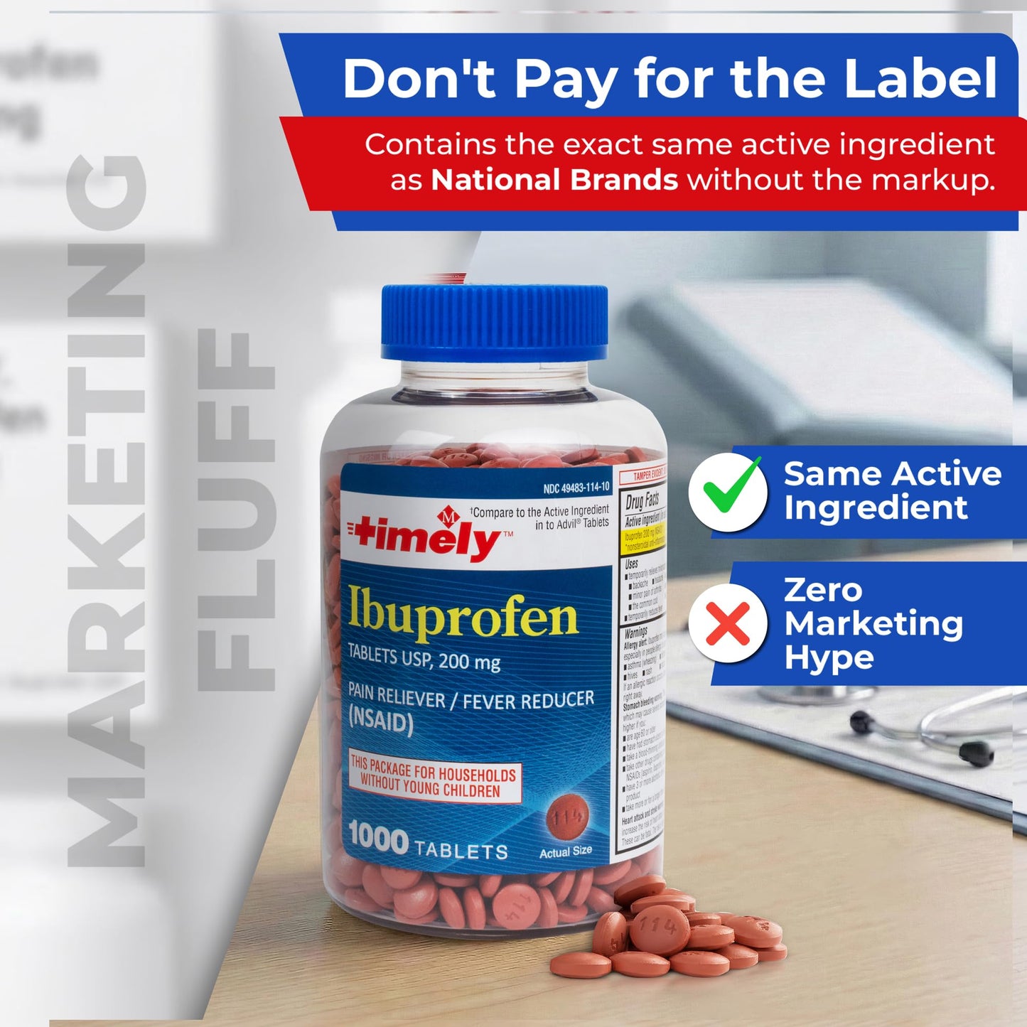 TIME-Cap Labs 1000 Tablets Ibuprofen 200mg Coated - Pain Reliever & Fever Reducer (NSAID) for Adults, Helps with Headache, Back Pain, Muscle Aches, Toothaches, Menstrual Cramps & Minor Arthritis Pain