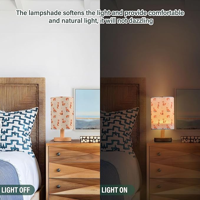 Table Lamp Cute Cartoon Fox with Dot Pattern on Beige Nightstand Lamp with Wood Base Fabric Lamp Shade Bedside Desk Lamp for Living Room Bedroom Kids Room Office