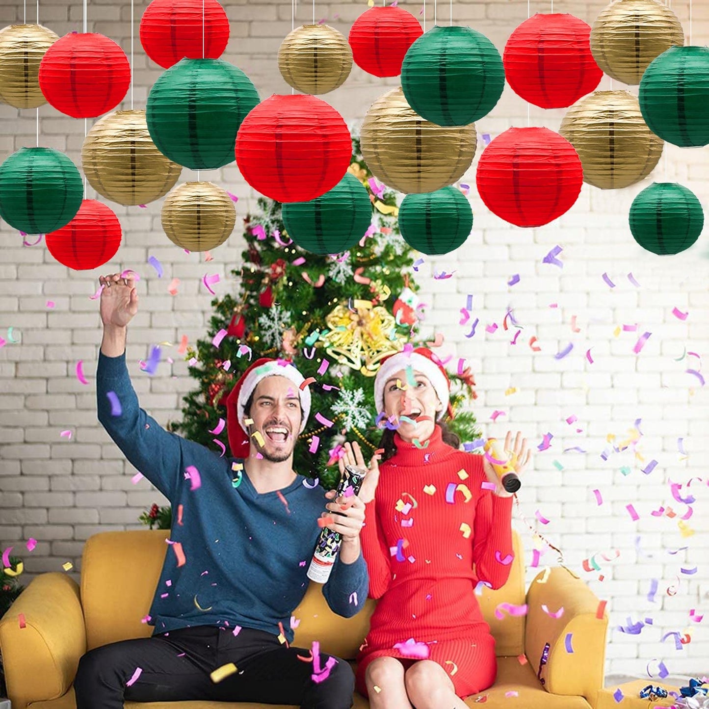 ADLKGG Paper Lanterns 21pcs Decorative Round Hanging Lanterns for Christmas, Italian Party, Graduation - Green/Red/Gold