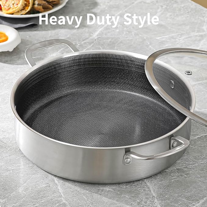 DELARLO Tri-Ply Stainless Steel 5.5QT Saute Pan With Lid Nonstick 12 Inch Deep Frying Pan Double handle, Induction Large Skillet Cooker Pan Dishwasher & Oven Safe