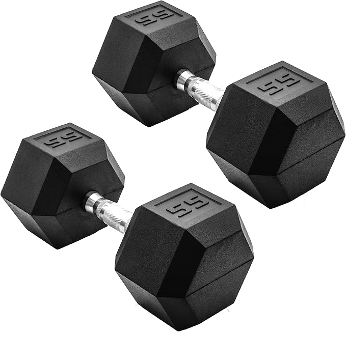 CAP Barbell 55 LB Rubber Coated Hex Dumbbell Hand Weight - Pair | Chrome Handle
