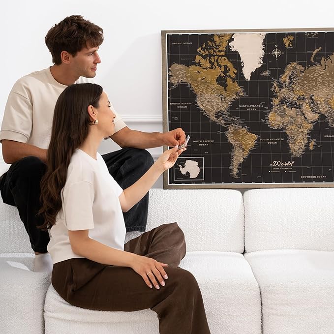 Canvas World Map with Cork Pin Board - English Lettering - Decorative Wall Decoration for All Rooms - Canvas Pictures with World Map Motif (120x80 cm, Pattern 5)