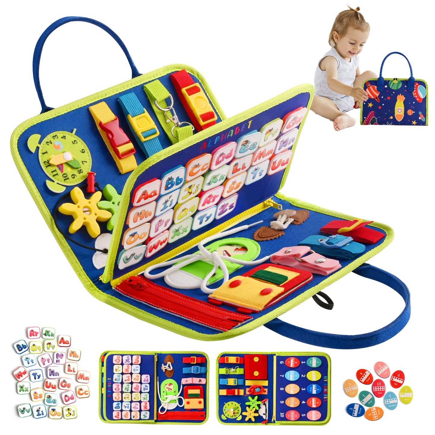TenFans Montessori Busy Board | 1-4 Year Old Toddler Learning Toy | Fine Motor Skills Development | Montessori Sensory Playset | Early Childhood Education Tool | Portable Travel Preschool Activity Kit