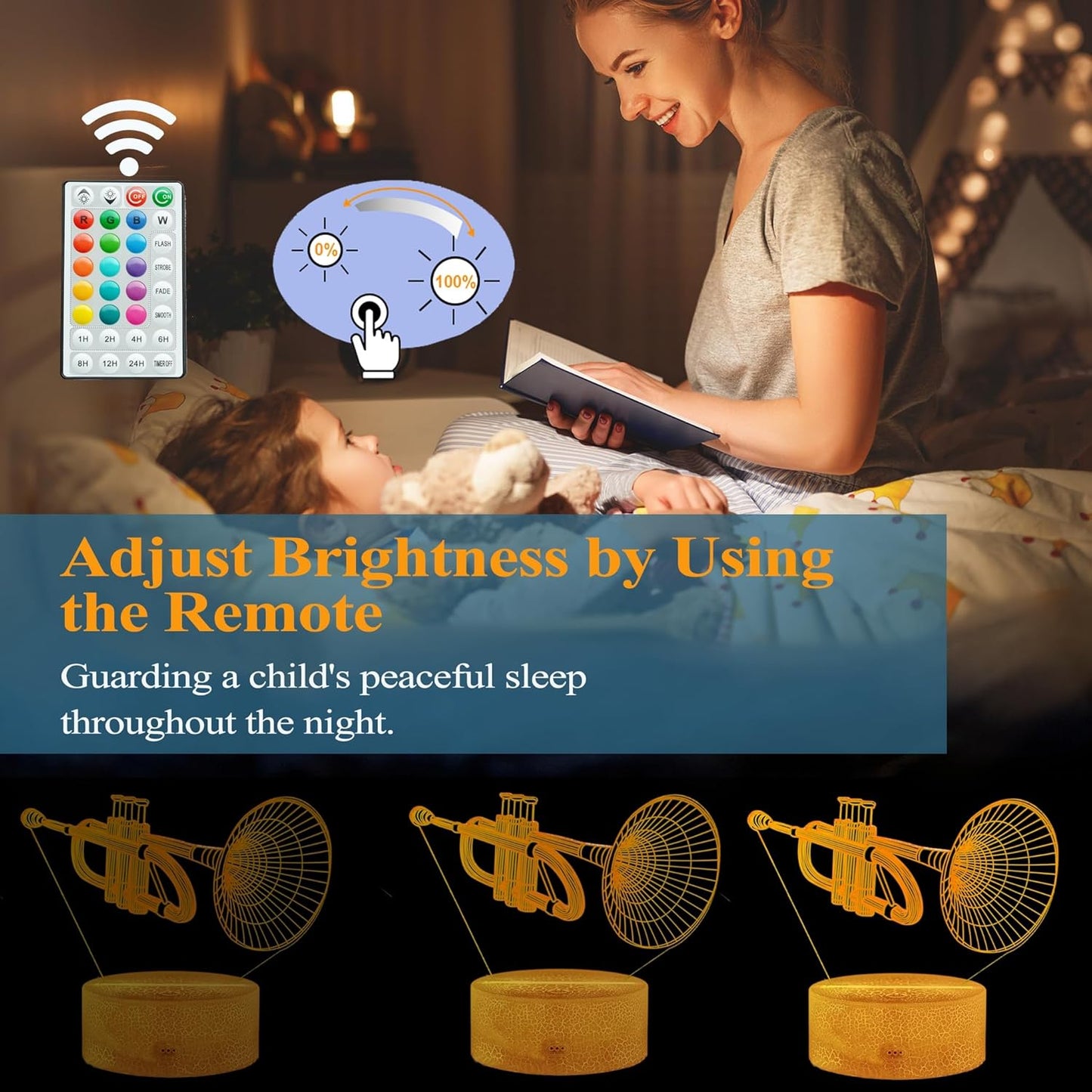 Trumpet Night Light, Trumpet Gifts, 3D Illusion Lamp with 16 Colors Changing, Timer, 4 Flash Modes and Dimmable, Kids Boys Girls Room Decoration, Holiday Xmas Gifts