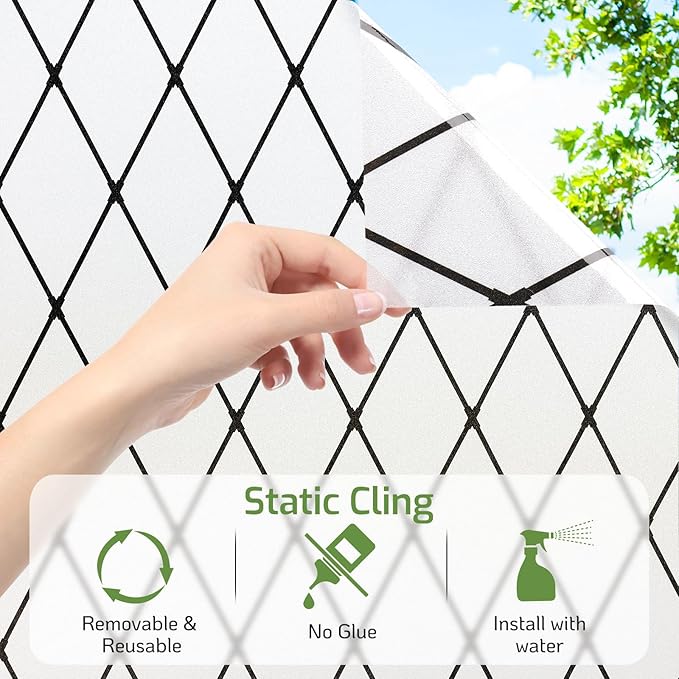 LUTE Frosted Window Privacy Film, Static Cling UV Sun Blocking Heat Control Window Cover, Removable Non-Adhesive Glass Sticker Vinyl Decorative Bathroom Frosting Decals, Black Lattice, 23.6" x 157.4"