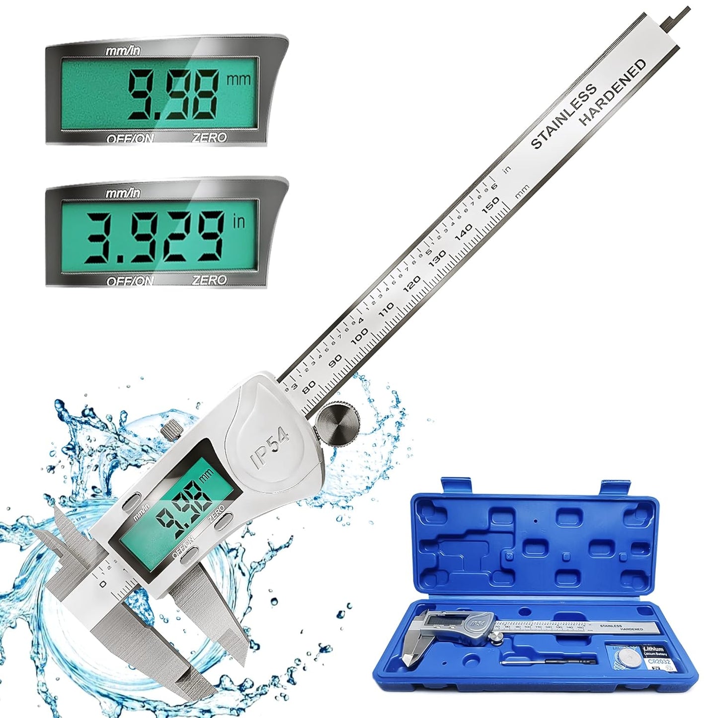 Electronic Digital Vernier Caliper Measuring Tool, IP54 Waterproof Electronic Micrometer Caliper, 150mm/0-6 inch Stainless Steel Vernier Caliper with Large LCD Screen, Inch Metric Conversion