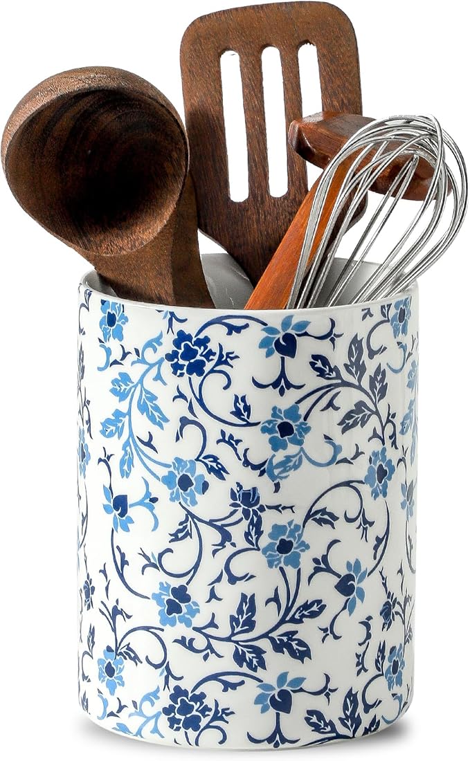 Kitchen Utensil Holder for Tools, Spatula Holder Extra Large Utensil Crocks for Countertop, Blue and White utensil holder Ceramic Apartment Essentials (7.2in×6.2in