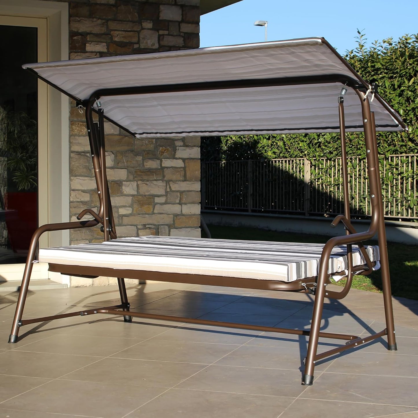 SUNJOY 3-4 Seat Luxury Outdoor Porch Swing, Steel Patio Swing with Elastic Metal Mesh Seat, Convertible Design, Cushion and Adjustable Canopy for Garden, Poolside, Backyard, Bronze - Made in Italy