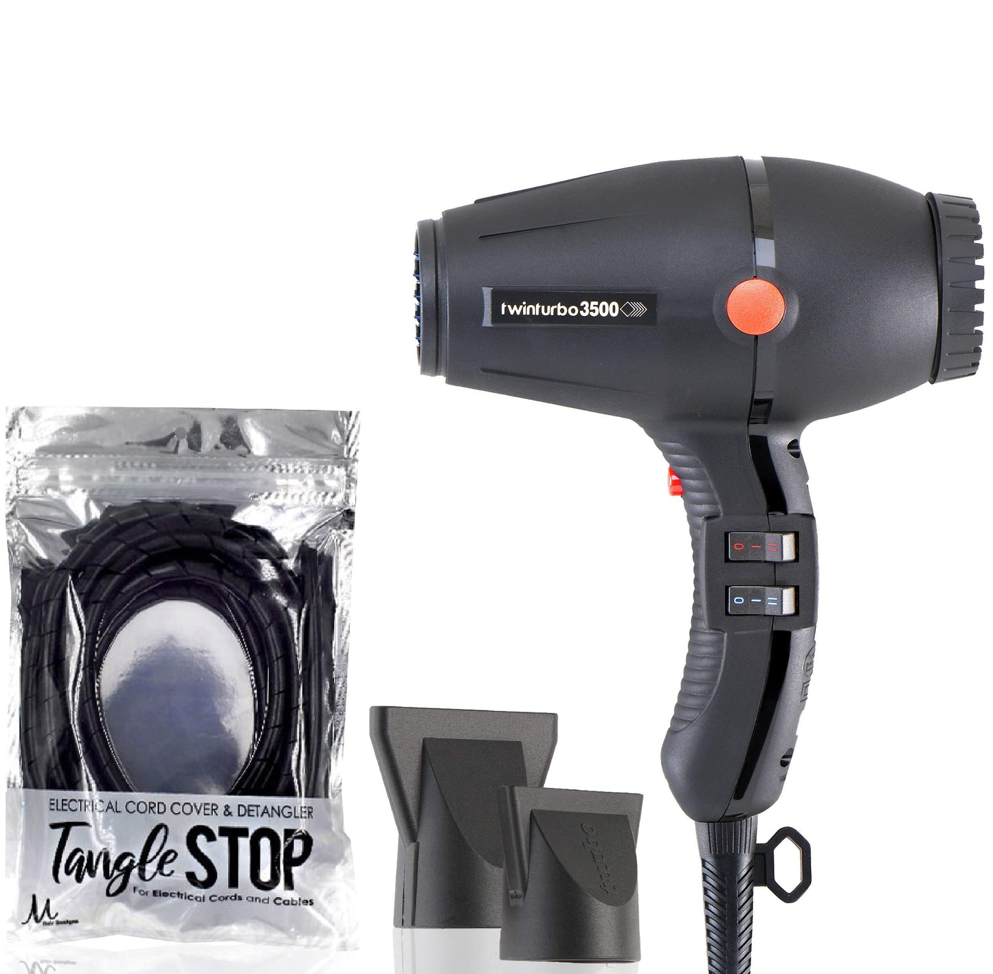 Turbo Power Twin Turbo 3500 Black Hair Dryer + M Hair Designs Tangle Stop Cord Detangler (Bundle) - Professional High-Performanc