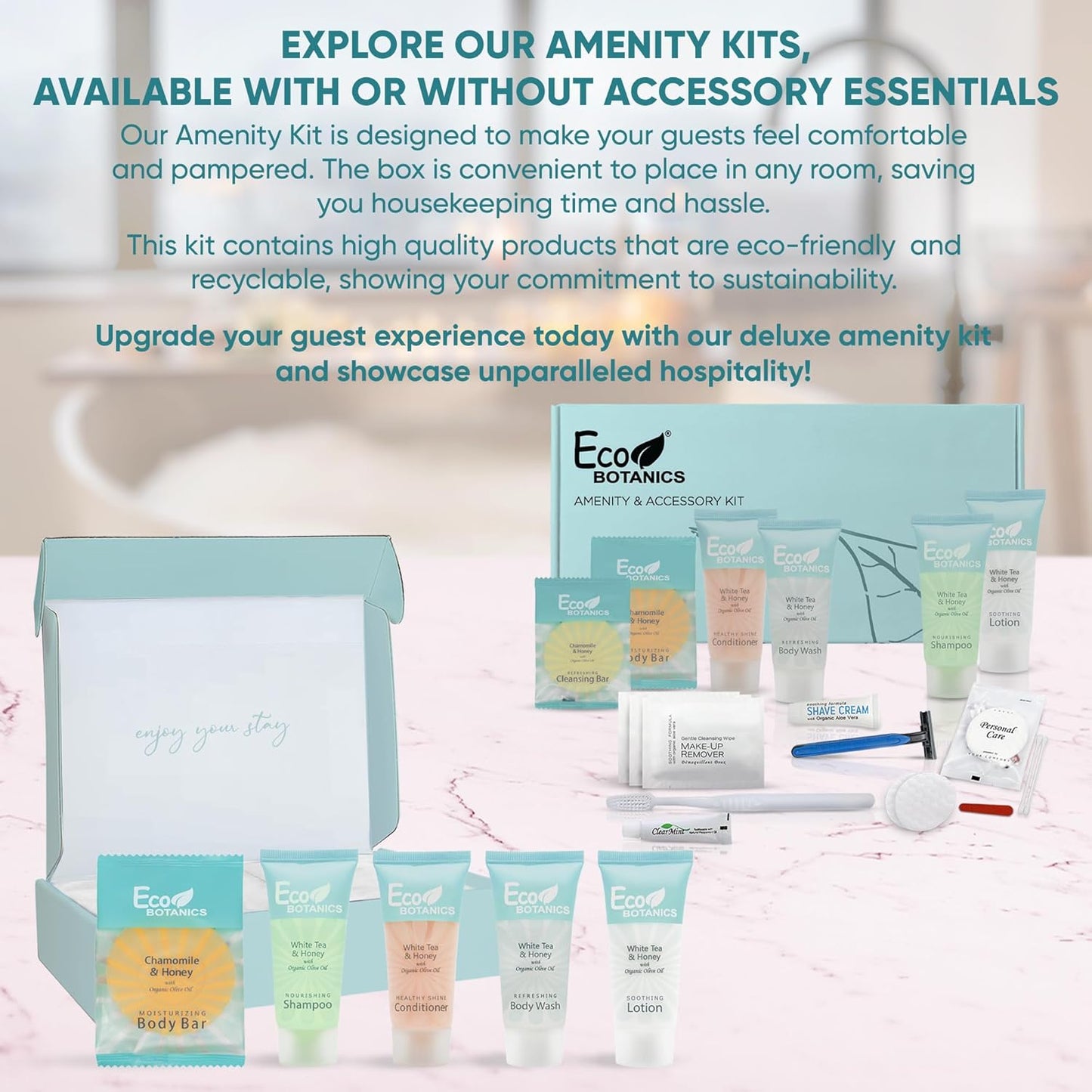 Eco Botanics Amenity Kit | Boxed Hotel Toiletries | Bulk Set .85 oz Travel Size Shampoo, Conditioner, Lotion, Body Wash & Body Bar Soap for Guest Hospitality AirBnB/Vacation Rentals | 60 sets per case