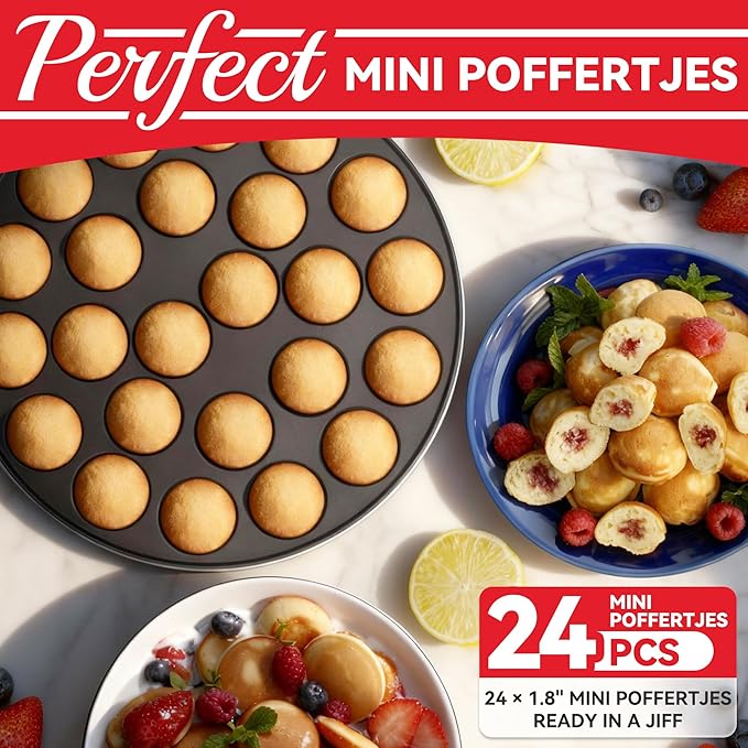 24 Slots Mini Pancakes Maker, Poffertjes Maker Pan, Thin Ebelskiver Aebleskiver Pan, Electric Pancakes Maker, Dutch Pancake Machine, Browning Controllable, with Brush & Forks, White