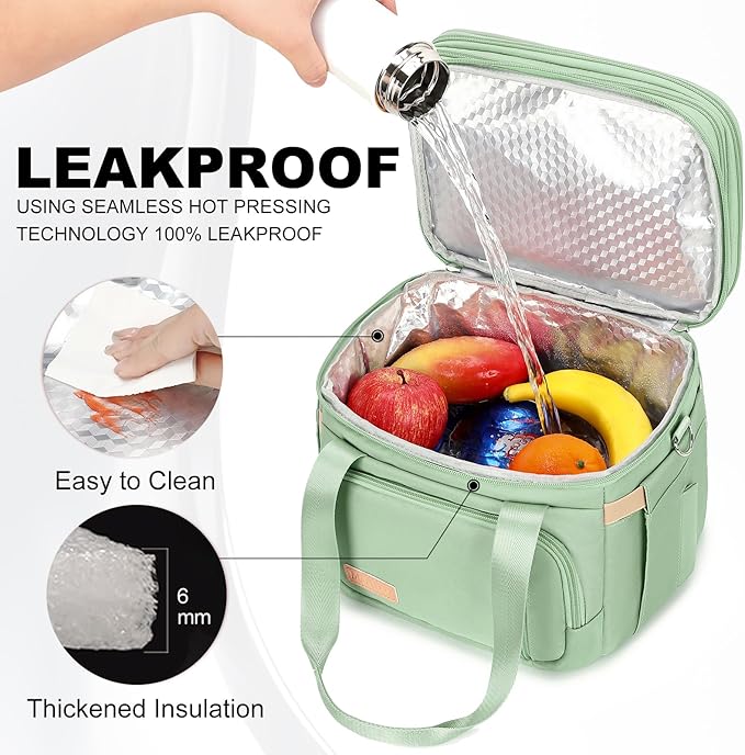 Lunch Box for Men Women - Double Deck Insulated Lunch Bag, Large Leak Proof Tote Cooler, Wide Open Dual Compartment Lunch Bags with Shoulder Strap, For Work Picnic Hiking Beach, Green
