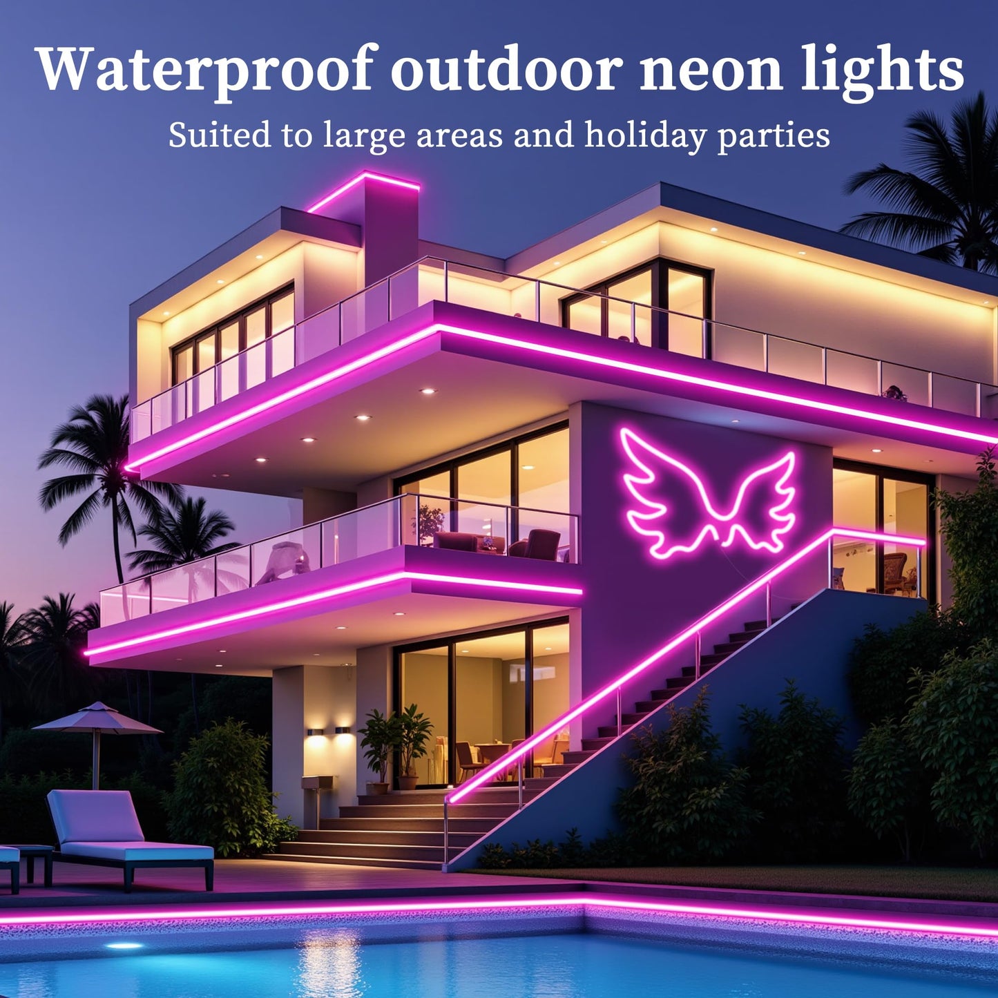 RIYO Neon Rope Lights - 32.8ft RGB LED Strip Lights, App & Remote Control, IP67 Waterproof, Multicolor, Model NL10M