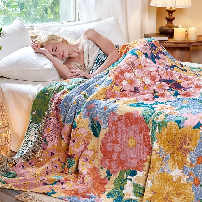 MSGKV Boho Throw Blanket for Couch 50"x60" Cotton Floral Blankets for Sofa Chair All Seasons Lightweight Muslin Breathable Farmhouse Home Decor