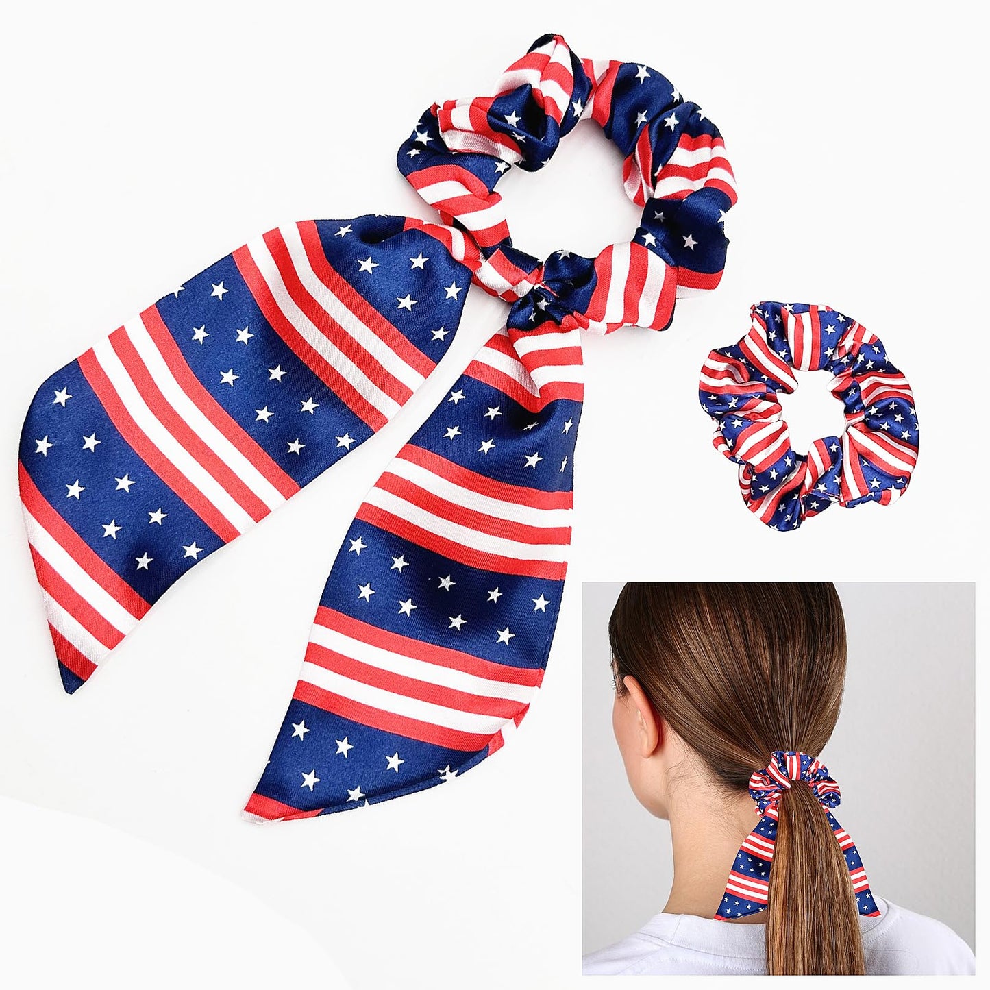 4th of July of Hair Accessories Set - 3Pcs American Flags Bandana Headband Red Blue White Hair Scarf Tie Patriotic Satin Scrunch